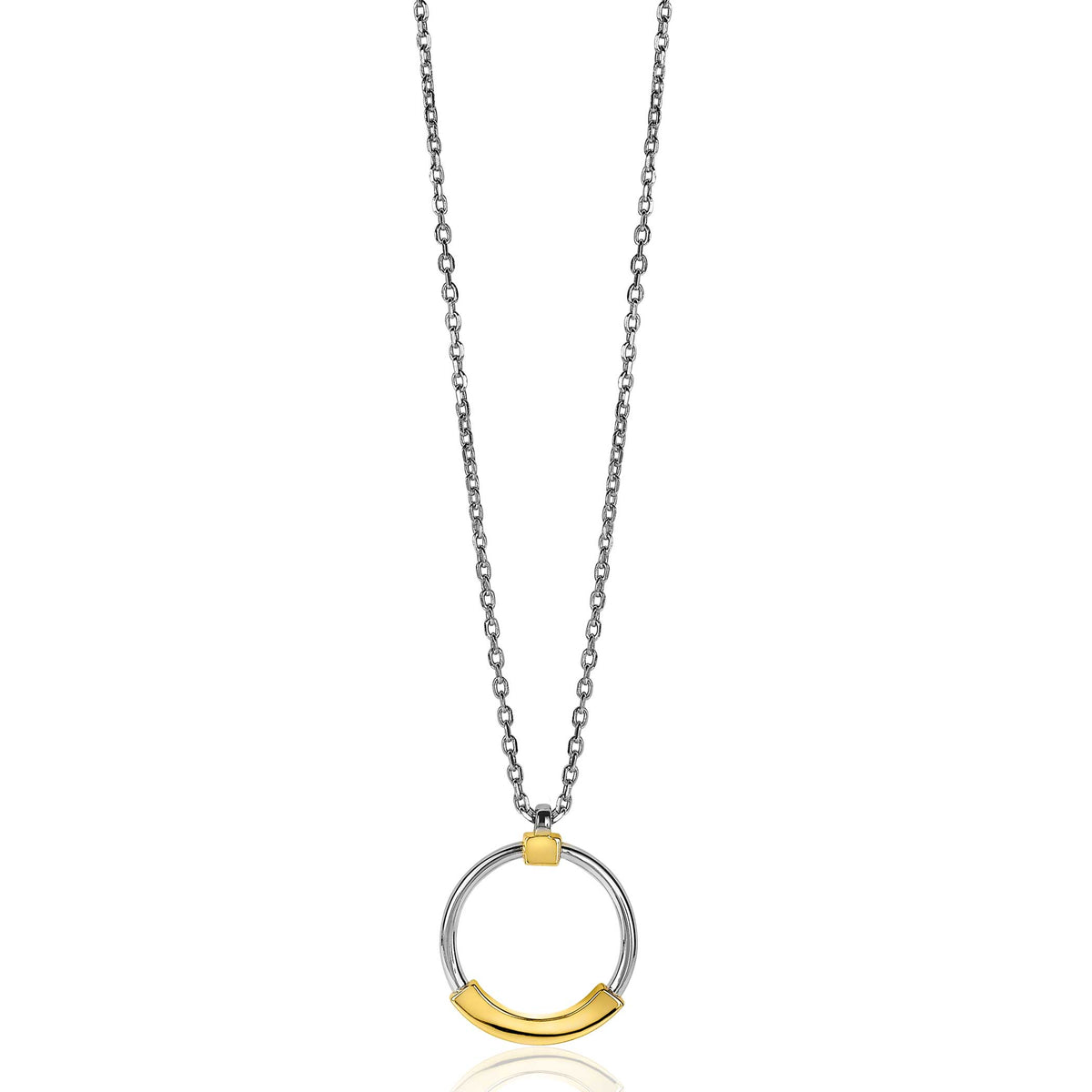 Collier en acier inoxydable avec un pendentif circulaire doré et argenté.