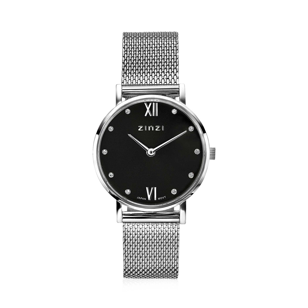 Montre en acier argenté avec cadran noir, chiffres romains et bracelet en maille.