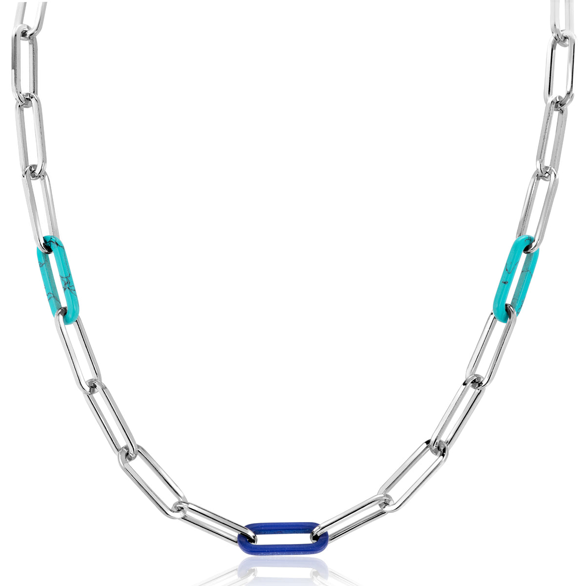 Collier en argent avec maillons ovales et éléments colorés en turquoise et bleu.