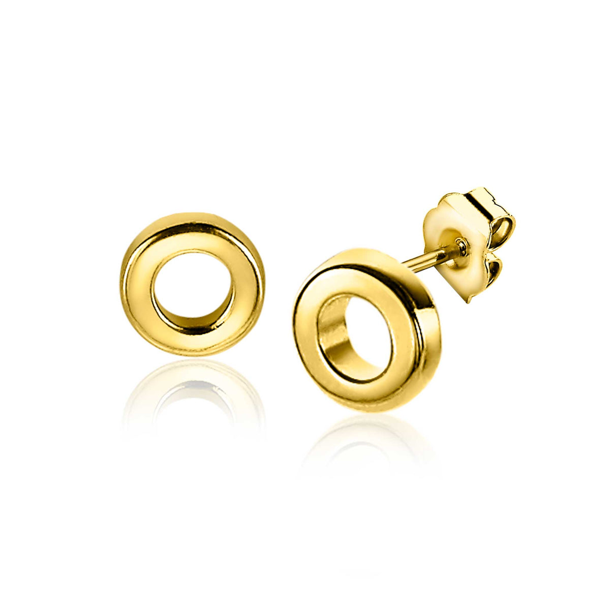 Boucles d'oreilles en acier inoxydable doré, forme ronde avec un design en anneau.