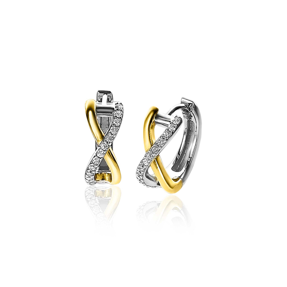 Boucles d'oreilles en plaqué or et argent, en forme de spirale avec des zircons.