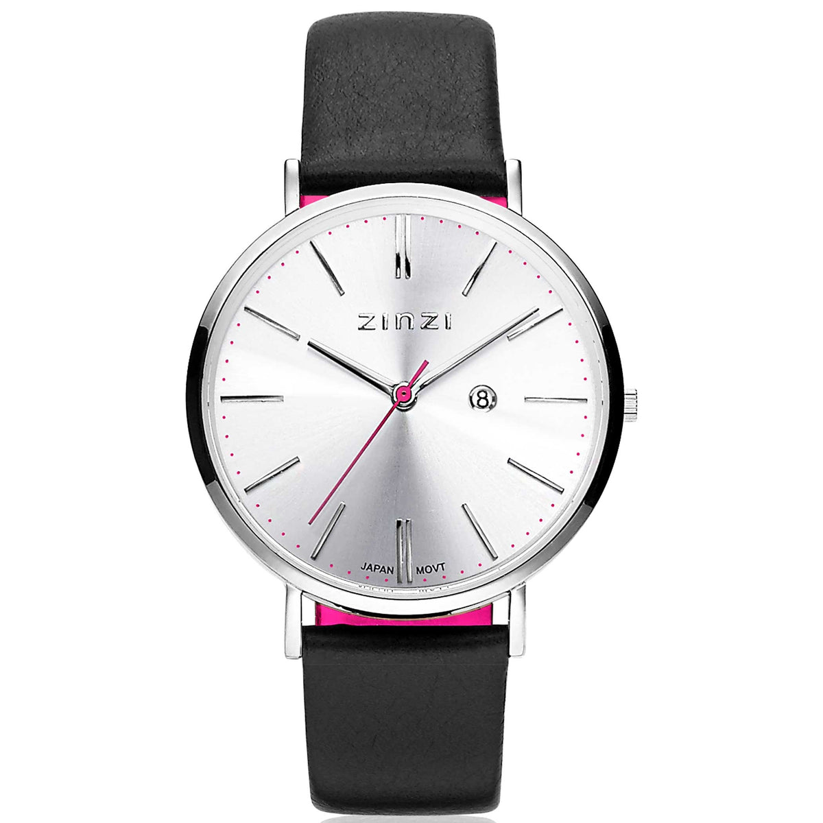 Montre en acier argenté avec un cadran argenté et un bracelet en cuir noir.