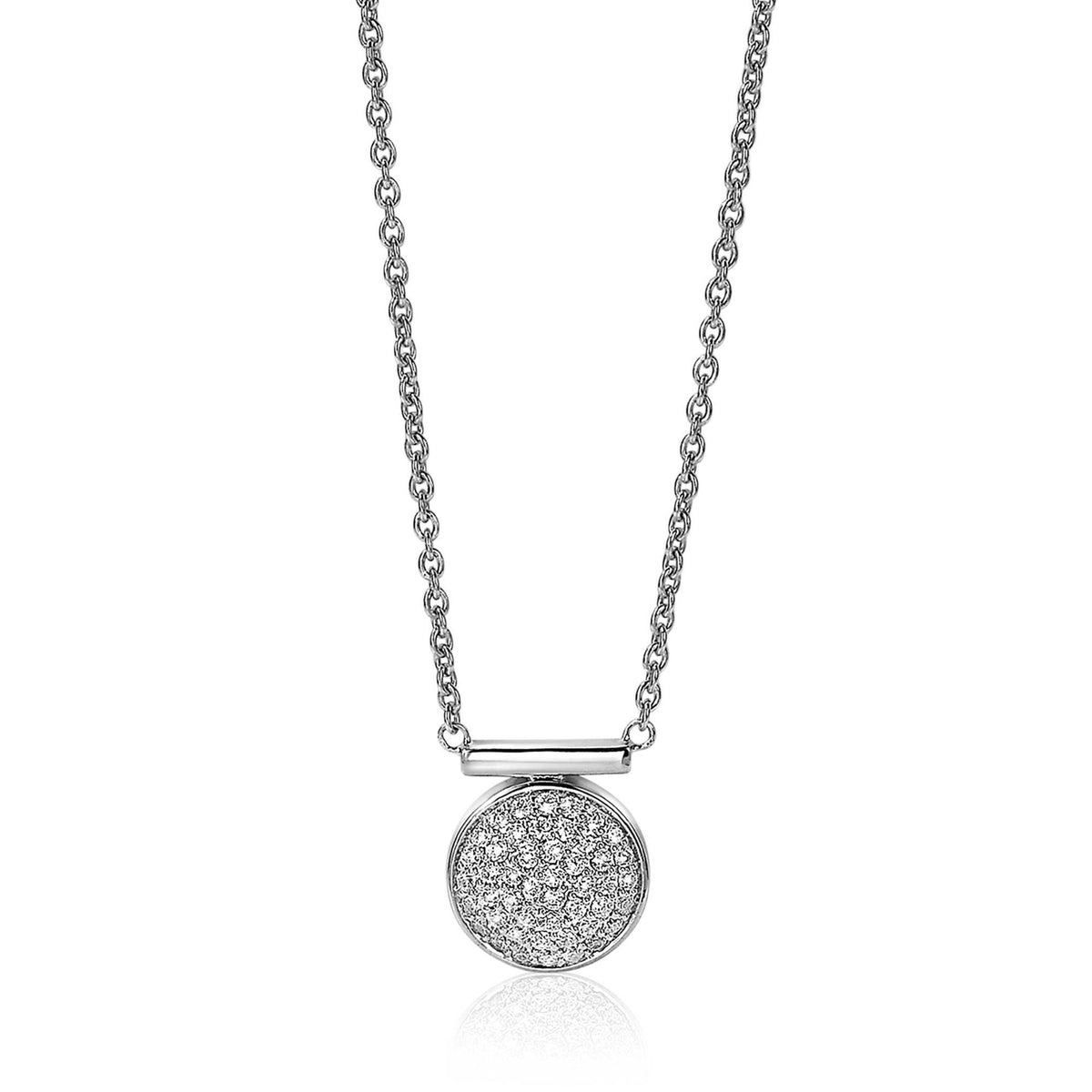 Collier en argent avec pendentif rond orné de zircons.