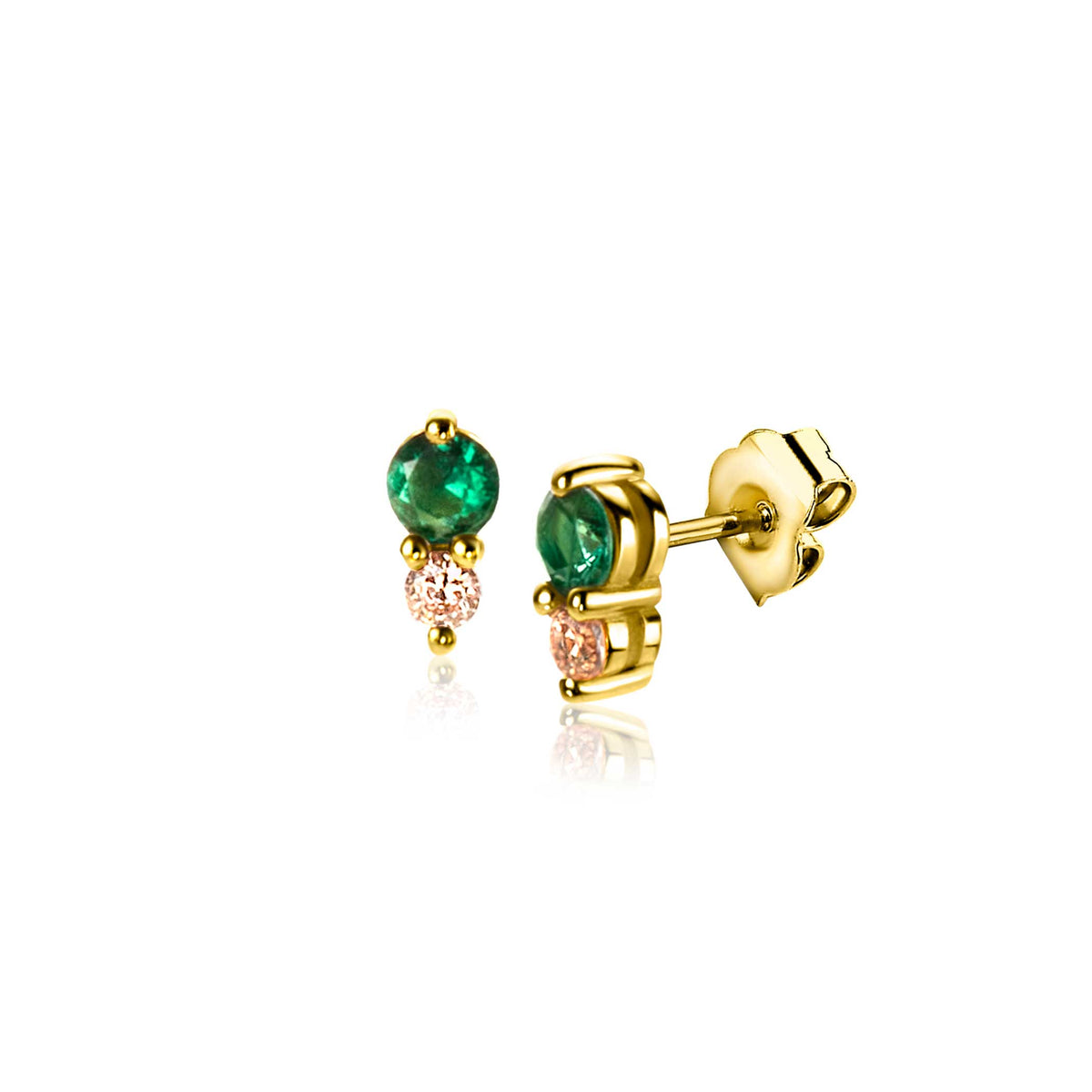 Boucles d'oreilles dorées avec une pierre verte et une pierre rose.