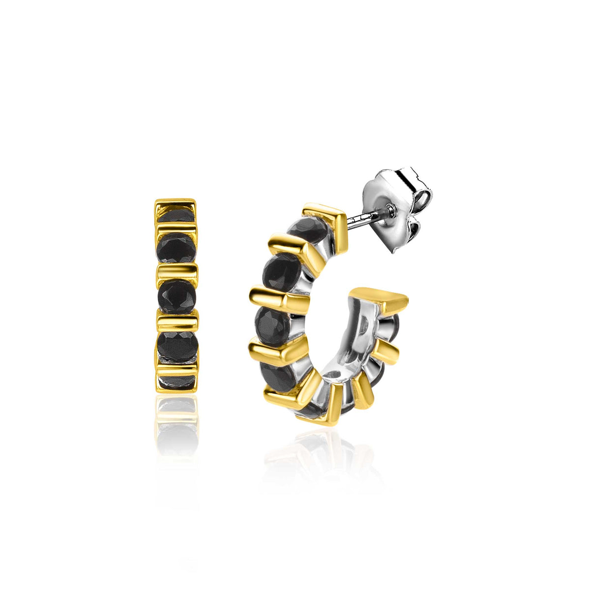 Boucles d'oreilles en plaqué or avec des pierres noires, forme créole.