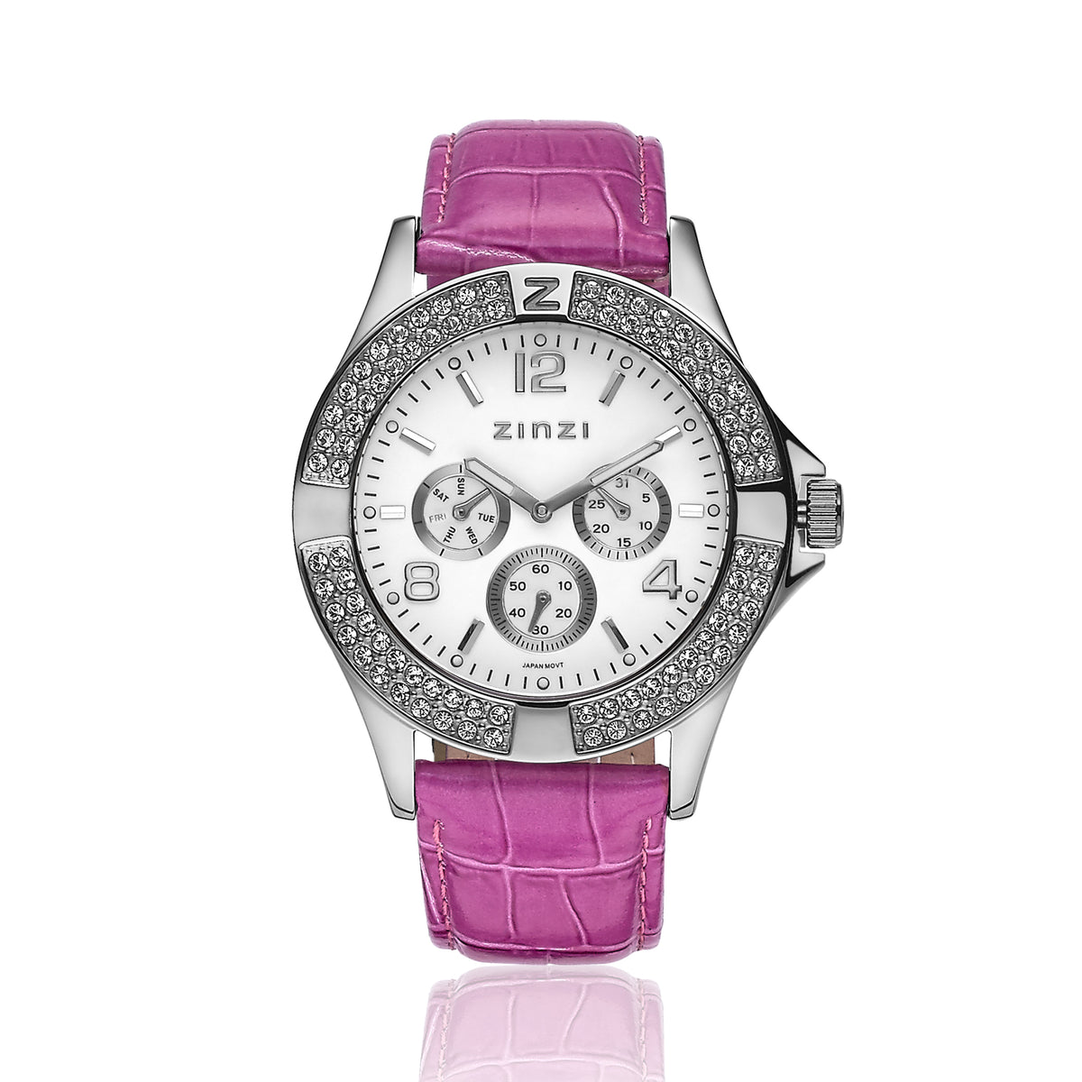 Montre en acier argenté avec cadran blanc, bracelet en cuir rose et détails en strass.