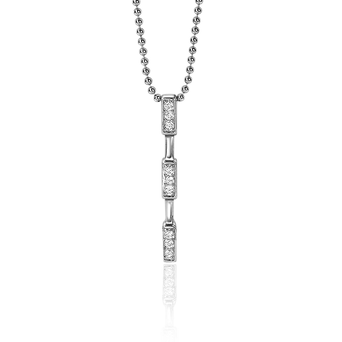 Pendentif en argent avec trois éléments rectangulaires ornés de zircons.