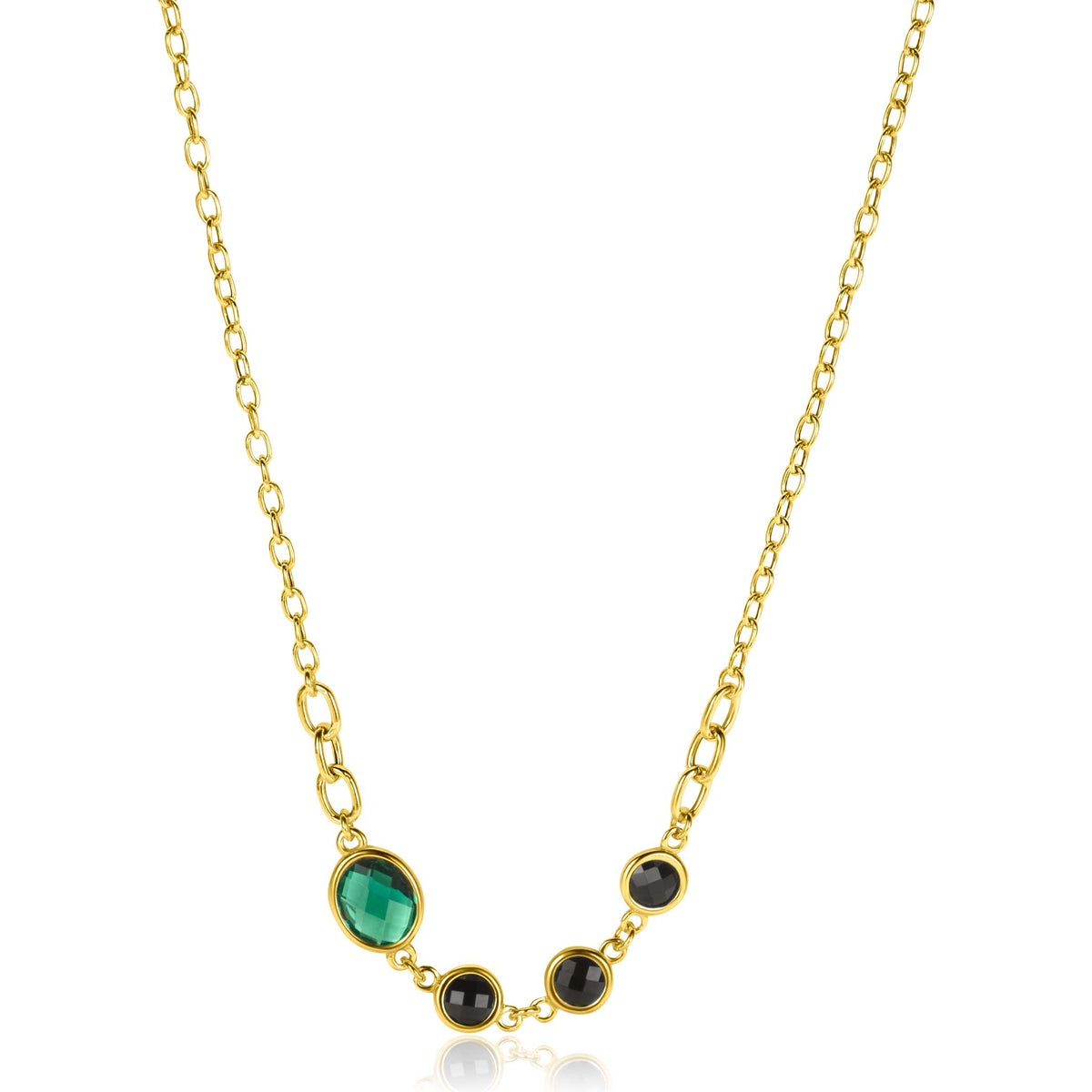Collier doré avec des pierres vertes et noires, composé de maillons ovales.
