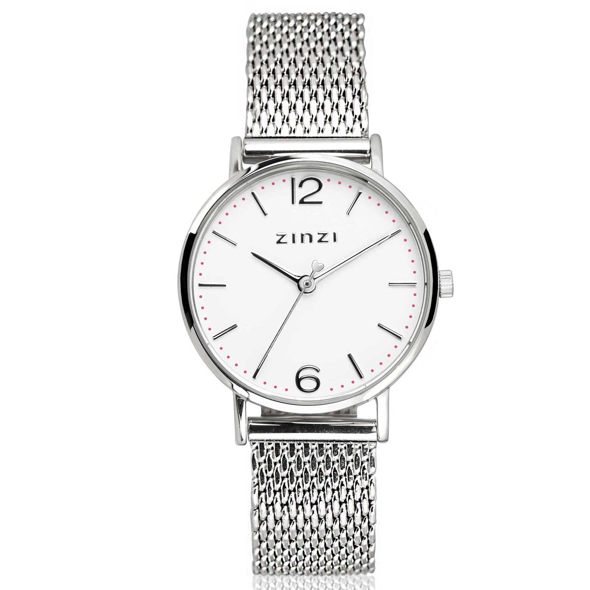 Montre en acier argenté avec cadran blanc, bracelet en maille et index noirs.