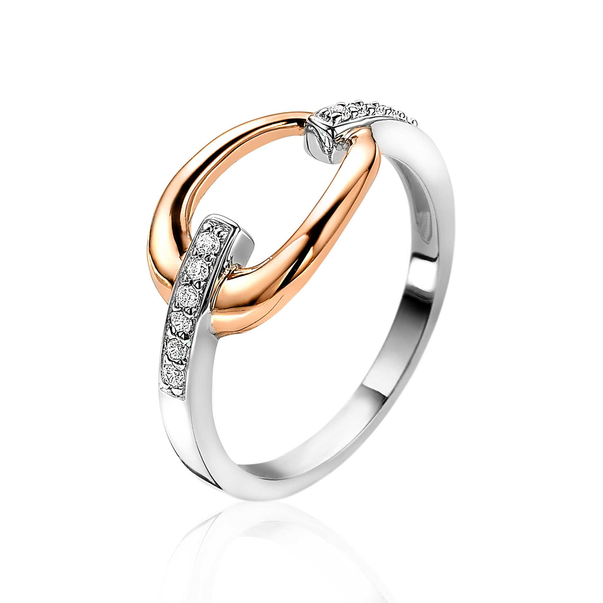 Bague en acier inoxydable doré et argenté avec des cristaux brillants.