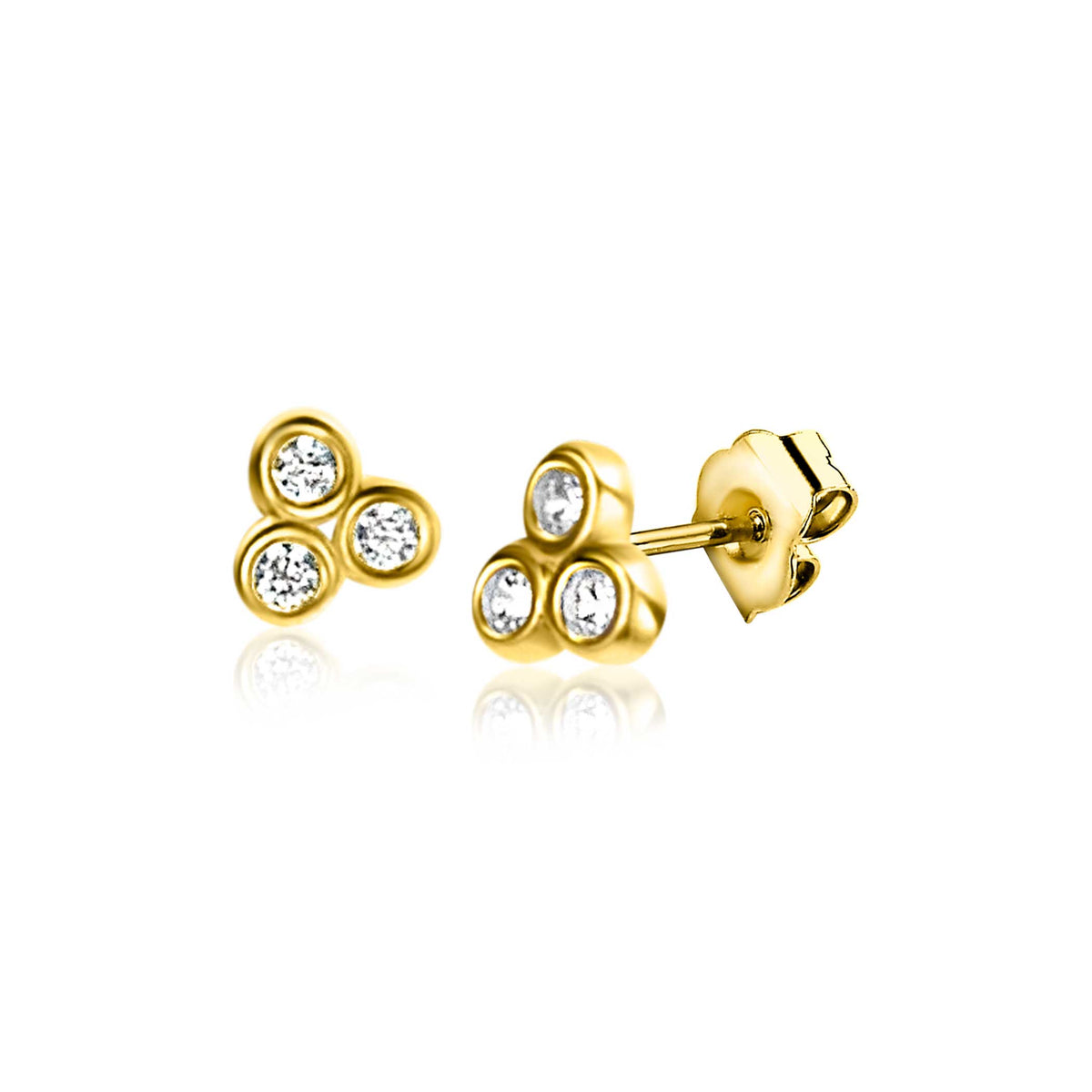 Boucles d'oreilles en or avec trois pierres brillantes disposées en forme de trèfle.