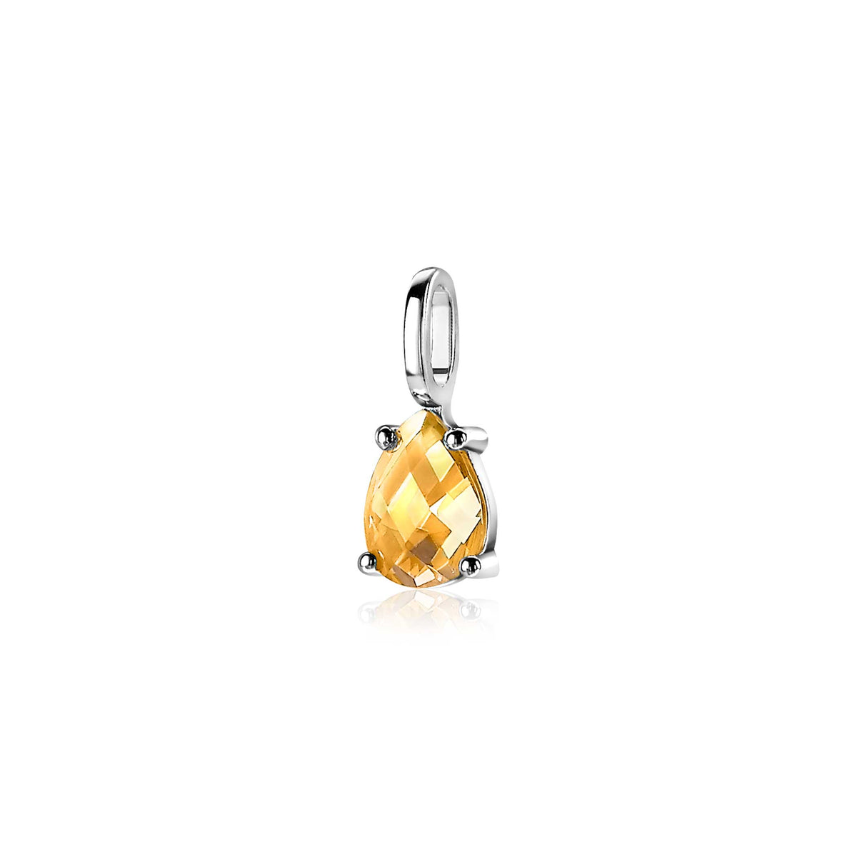 Pendentif en argent avec une pierre en forme de poire de couleur jaune.