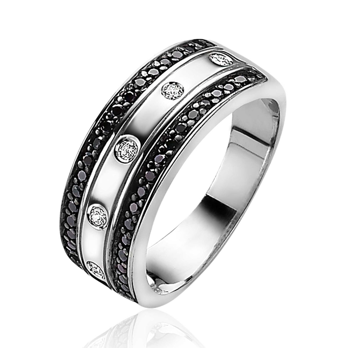 Bague en argent avec des détails en noir et des pierres brillantes.