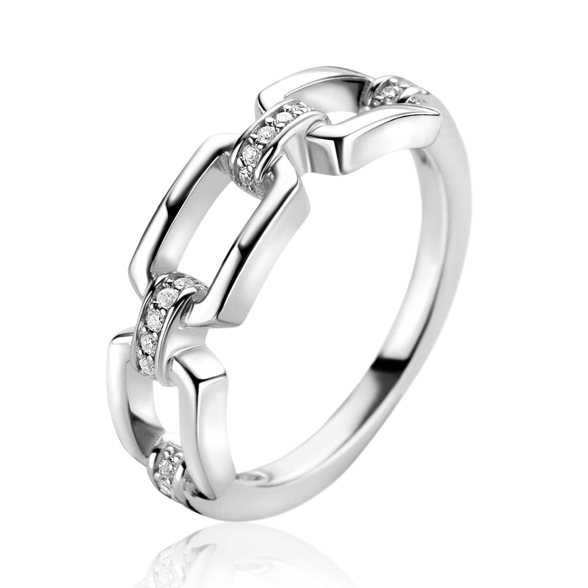 Bague en argent avec maillons et pierres brillantes.