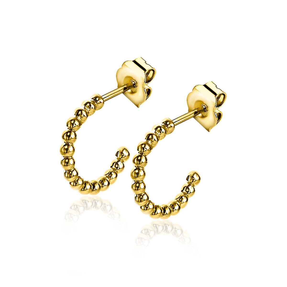 Boucles d'oreilles dorées en forme de demi-cercle avec des perles.