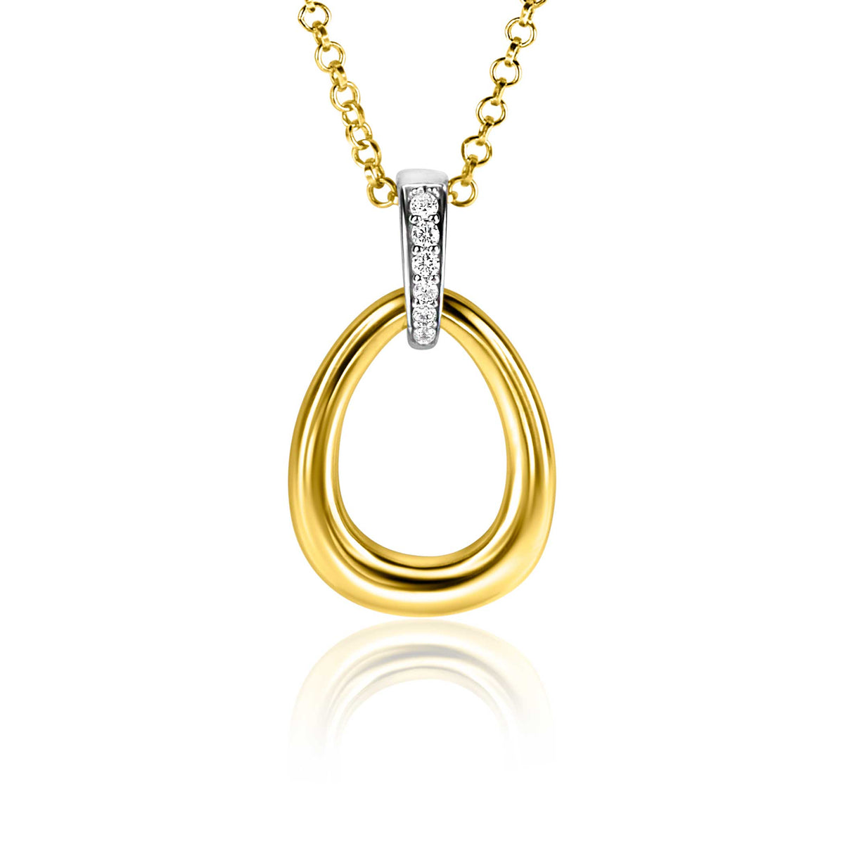 Pendentif doré avec un design en forme de goutte et un détail argenté orné de pierres.