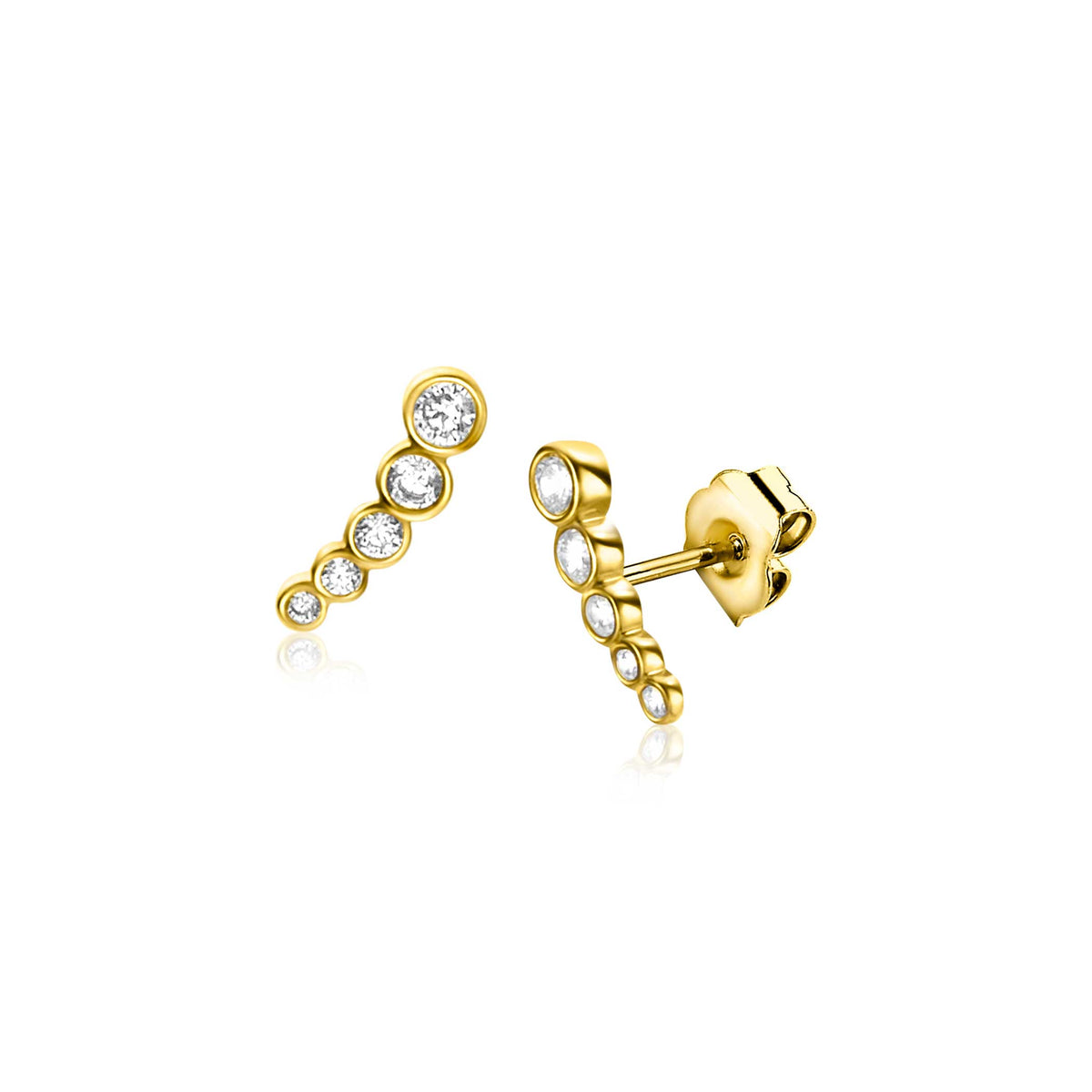 Boucles d'oreilles en or avec cinq zircons brillants disposés en ligne.