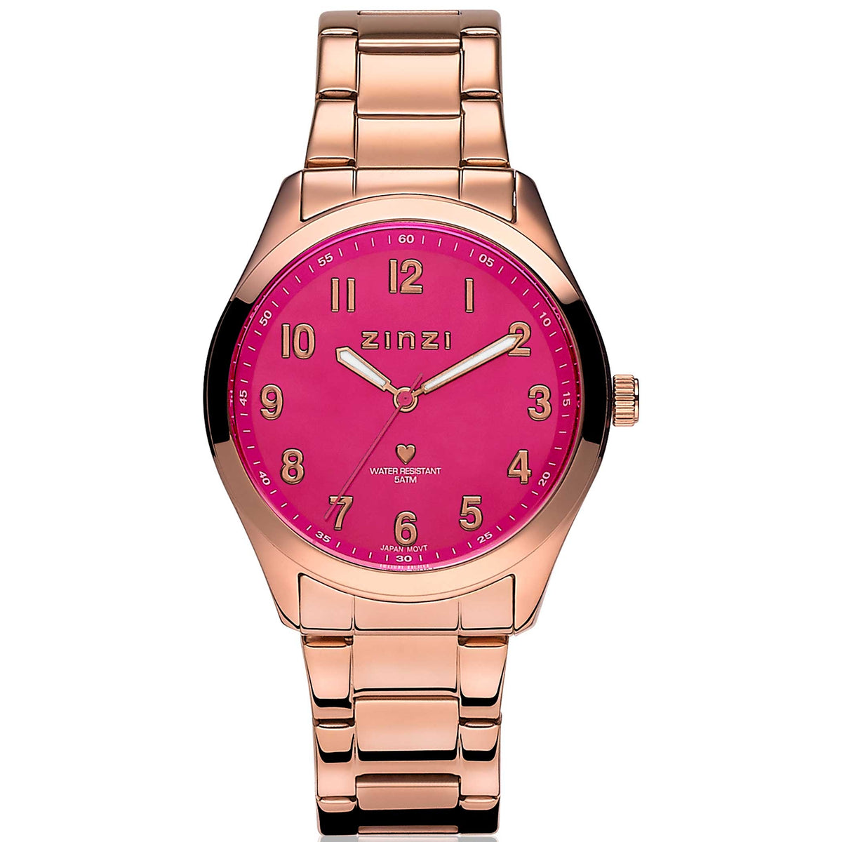 Montre en acier couleur or rose avec un cadran rose vif et des chiffres arabes.