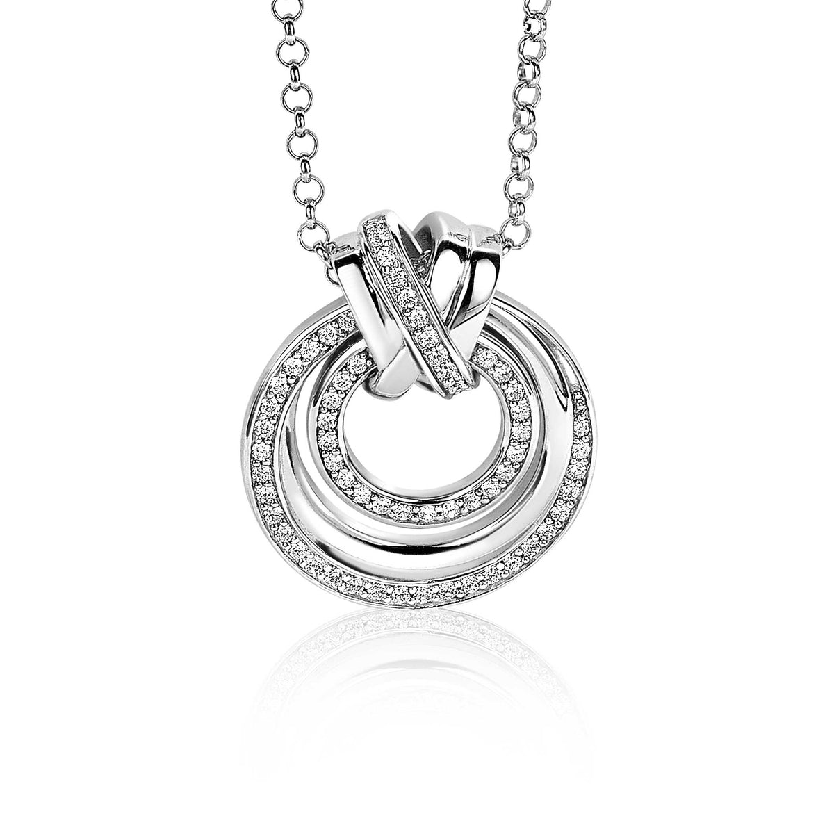 Pendentif en argent avec des cercles entrelacés et des zirconiums.