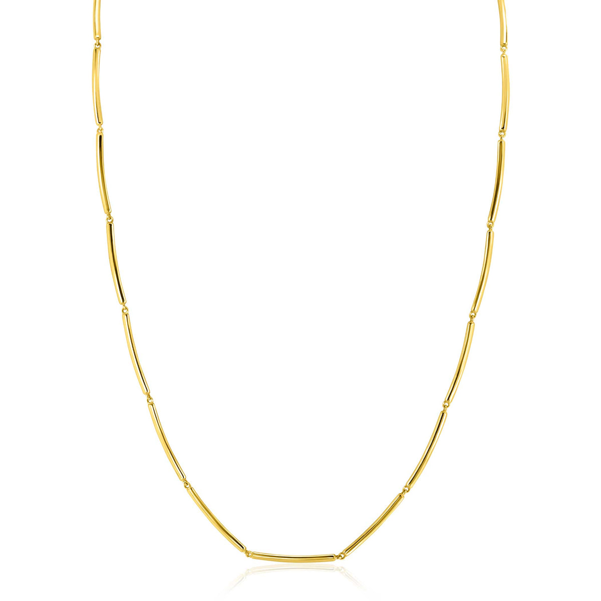 Collier doré avec des maillons allongés et des détails en forme de barres.