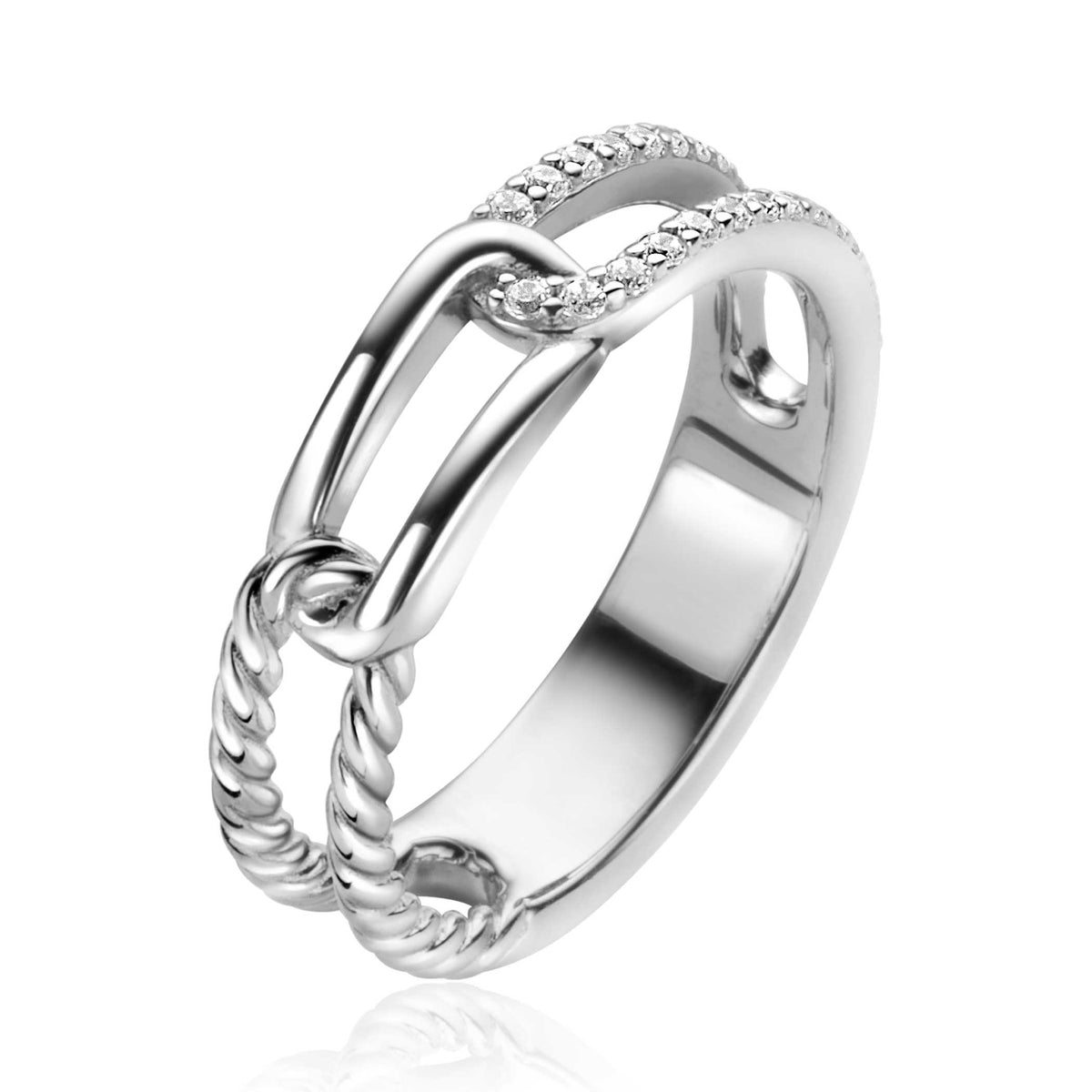 Bague en argent avec motif en chaîne et détails en zircon.