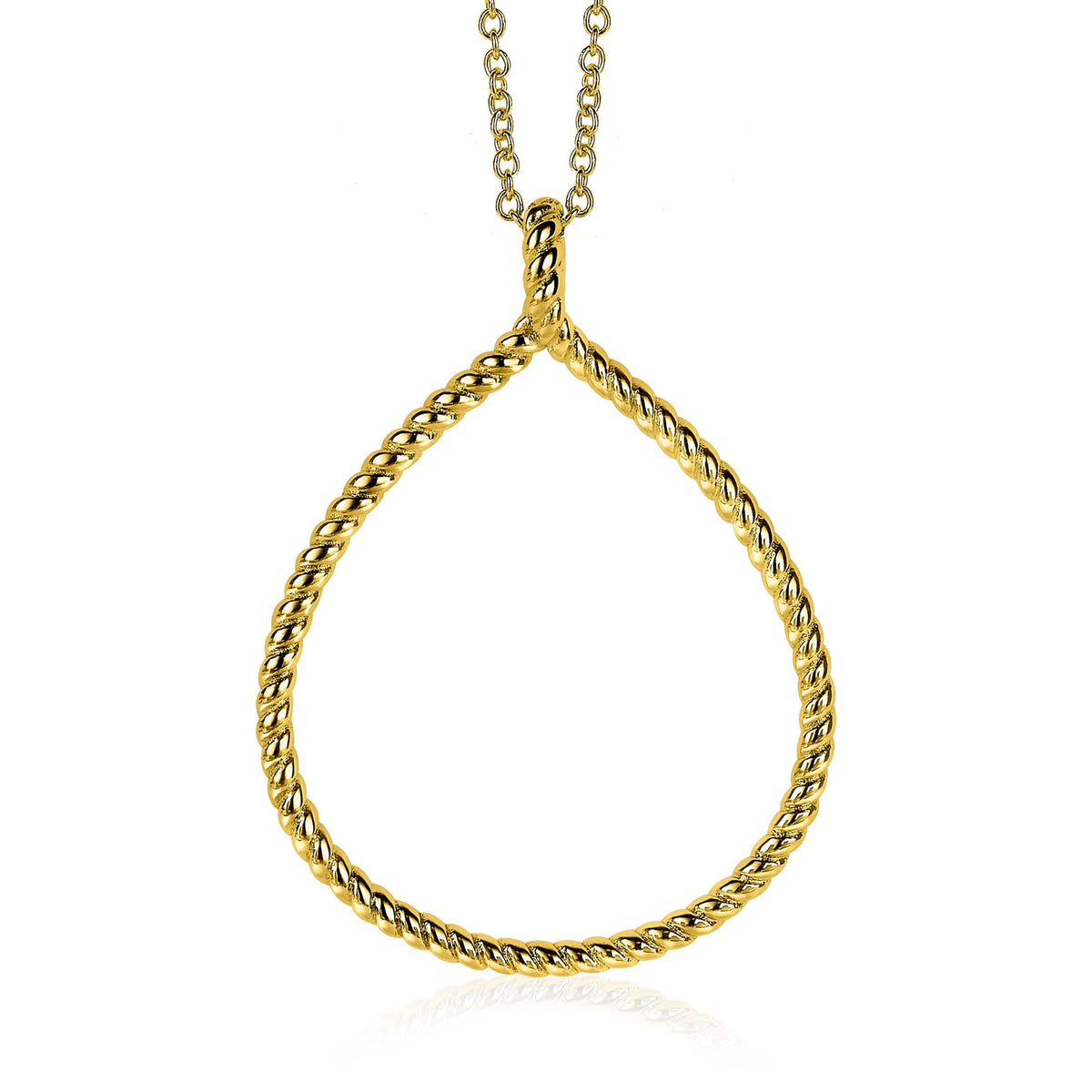 Pendentif doré en forme de goutte, avec une chaîne délicate.