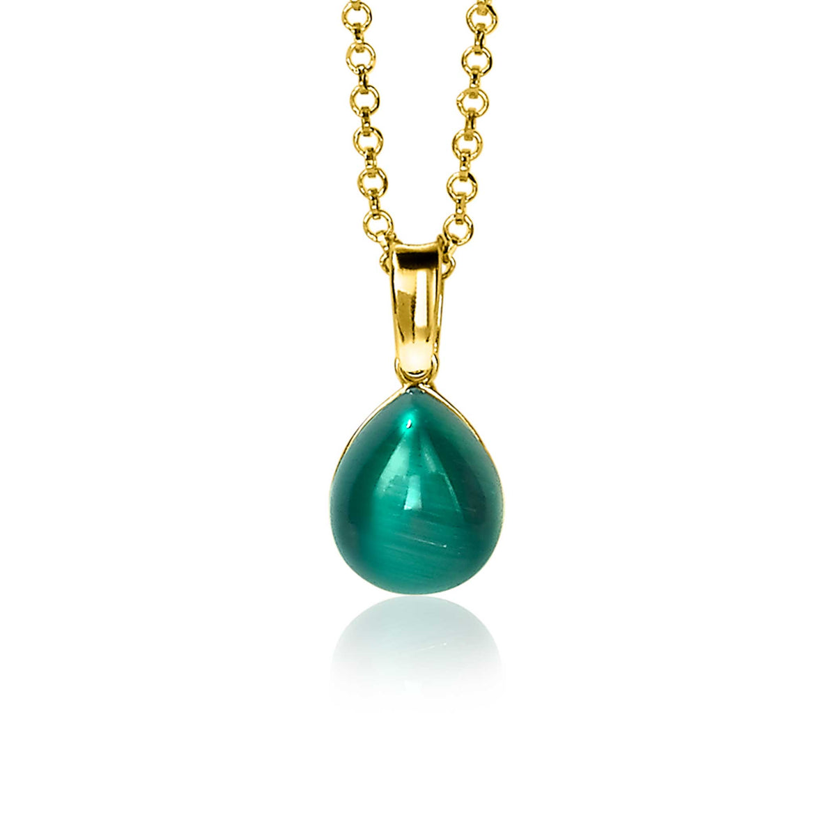 Pendentif en forme de goutte en métal doré avec une pierre turquoise brillante, suspendu à une chaîne.