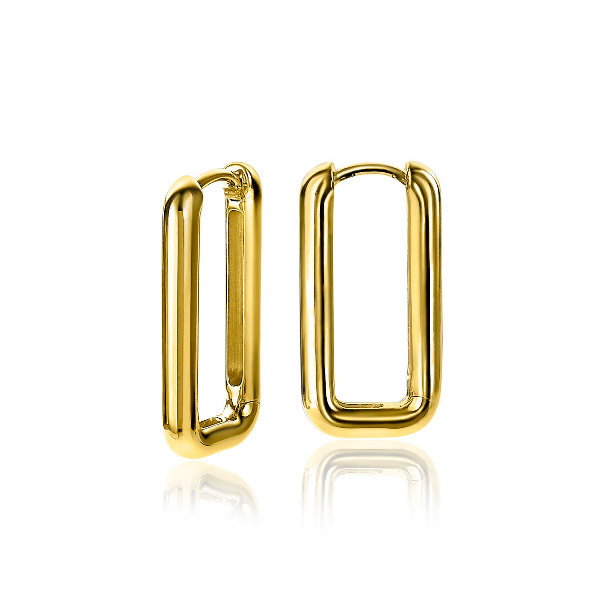 Boucles d'oreilles dorées en forme de rectangle, finition lisse et brillante.
