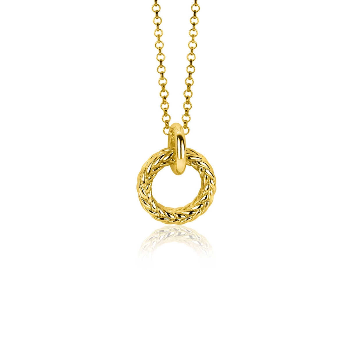 Pendentif doré en forme de cercle tressé, suspendu à une chaîne délicate.