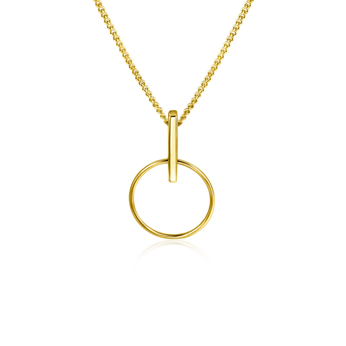 Pendentif doré en forme de cercle suspendu à une chaîne délicate.