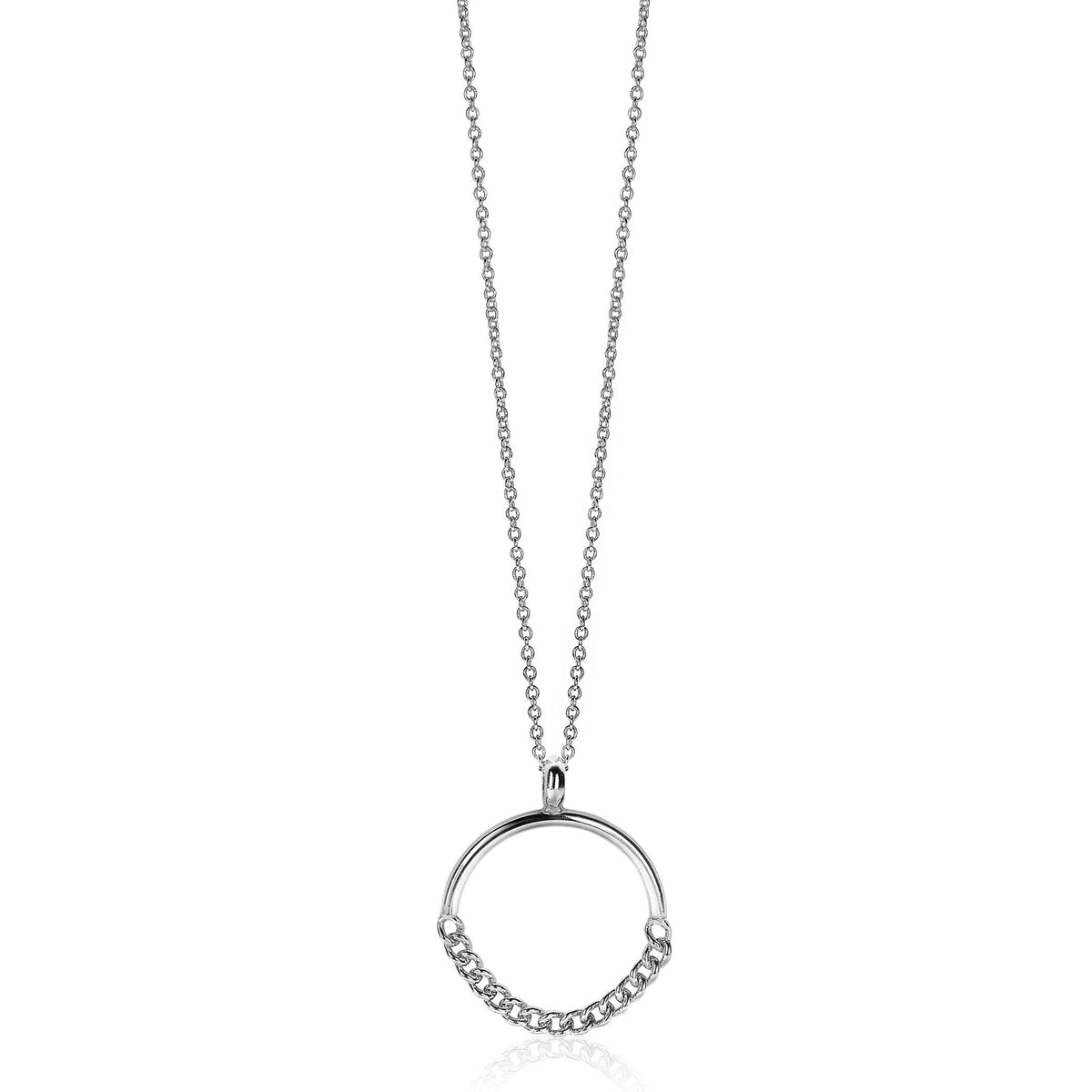 Pendentif en argent avec une chaîne délicate et un design circulaire orné de petites pierres.