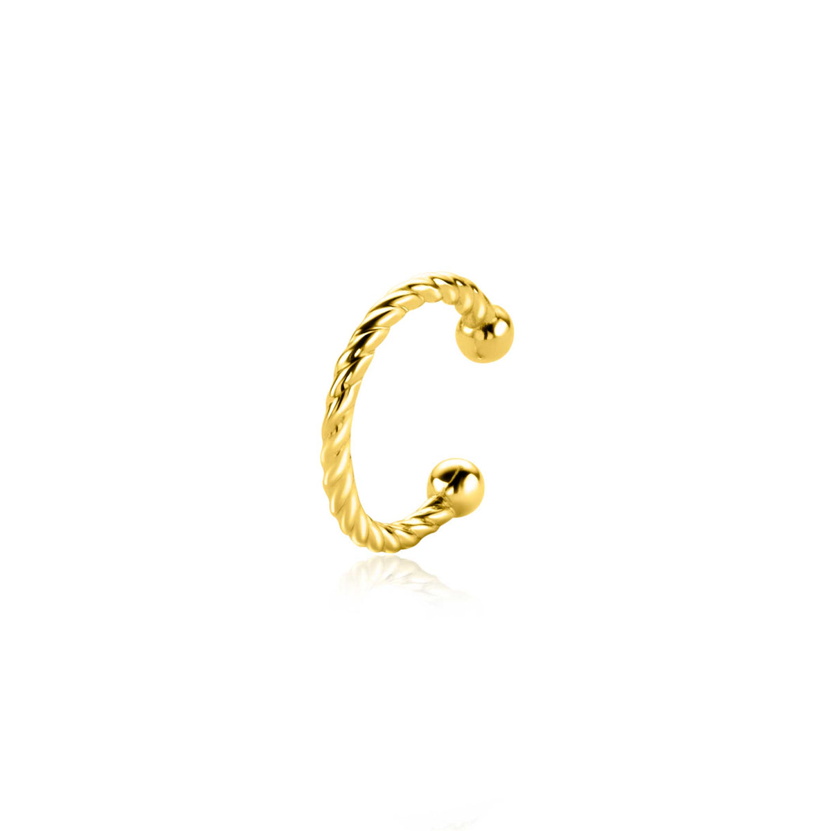 Boucles d'oreilles dorées en forme de C avec un design torsadé et deux boules aux extrémités.