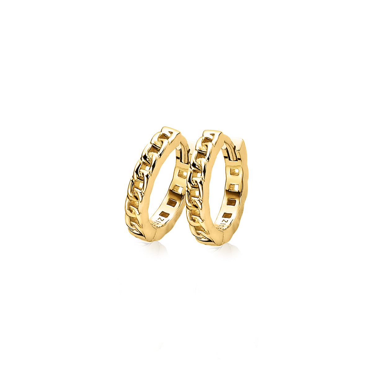 Boucles d'oreilles dorées avec un motif en chaîne.