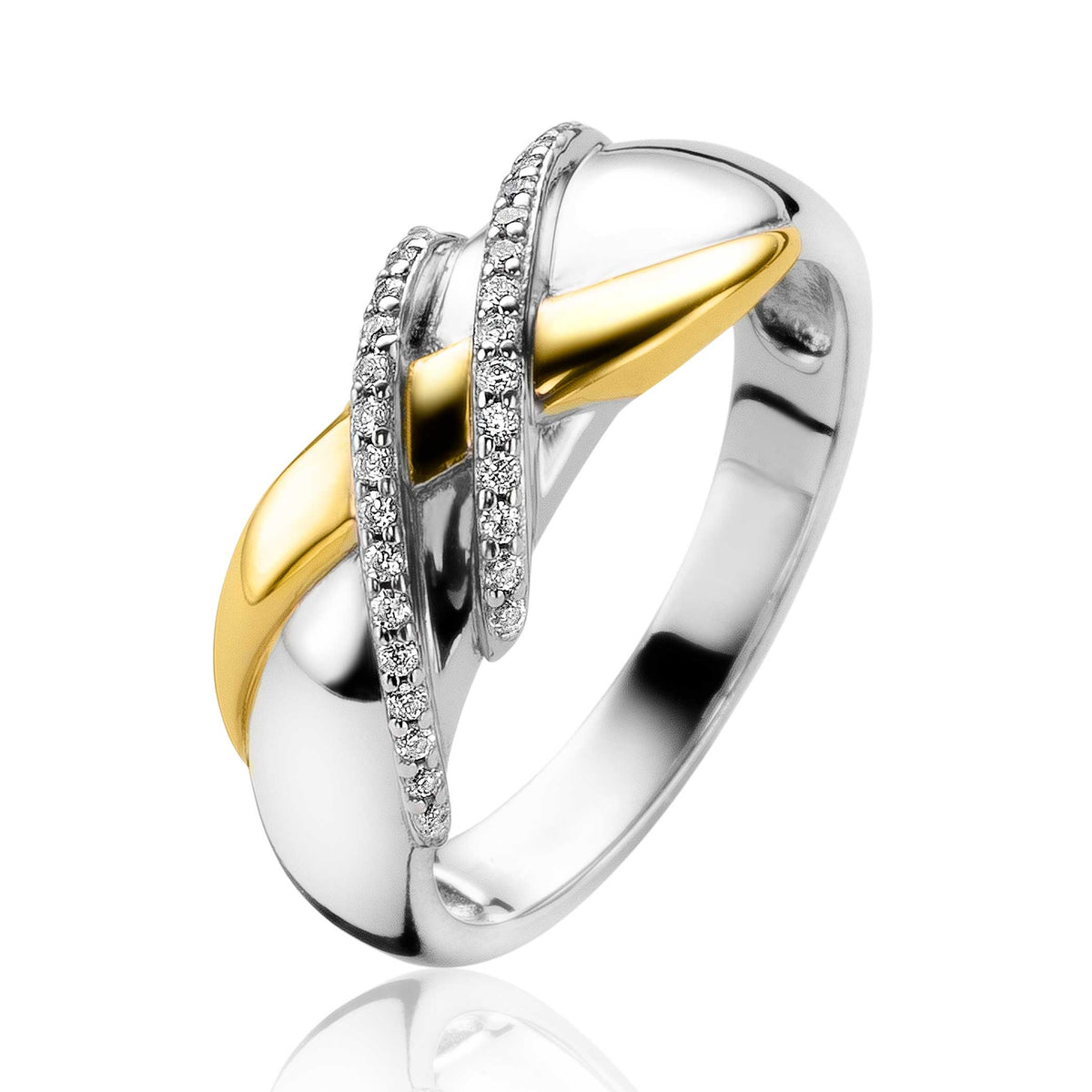 Bague en argent avec un motif entrelacé doré et des zircons scintillants.
