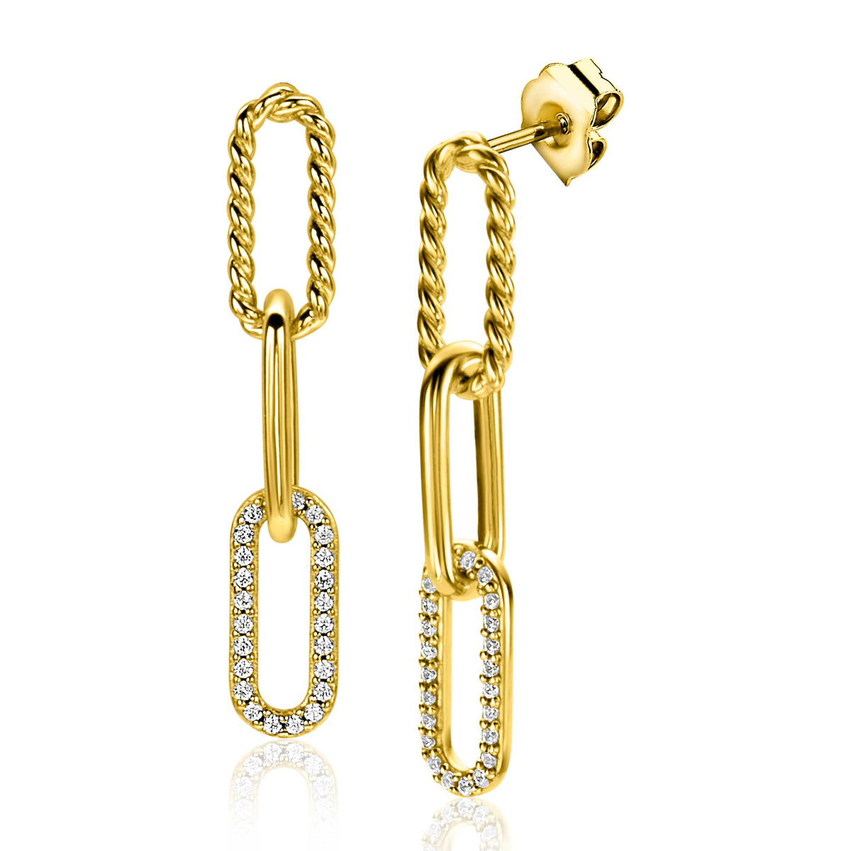 Boucles d'oreilles dorées en forme de chaînes avec des cristaux brillants.