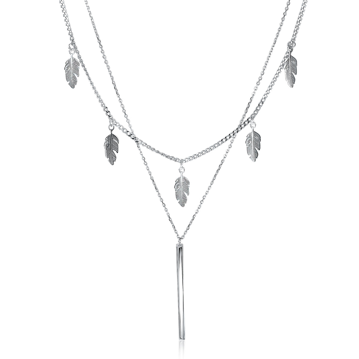 Collier en argent avec des feuilles pendantes et une barre centrale.