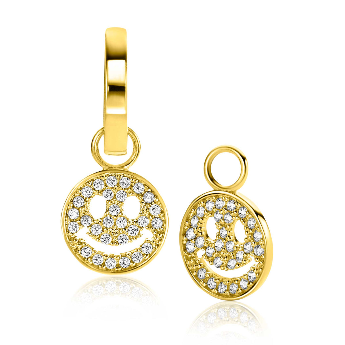 Boucles d'oreilles dorées avec pendentifs en forme de smiley ornés de zirconiums.