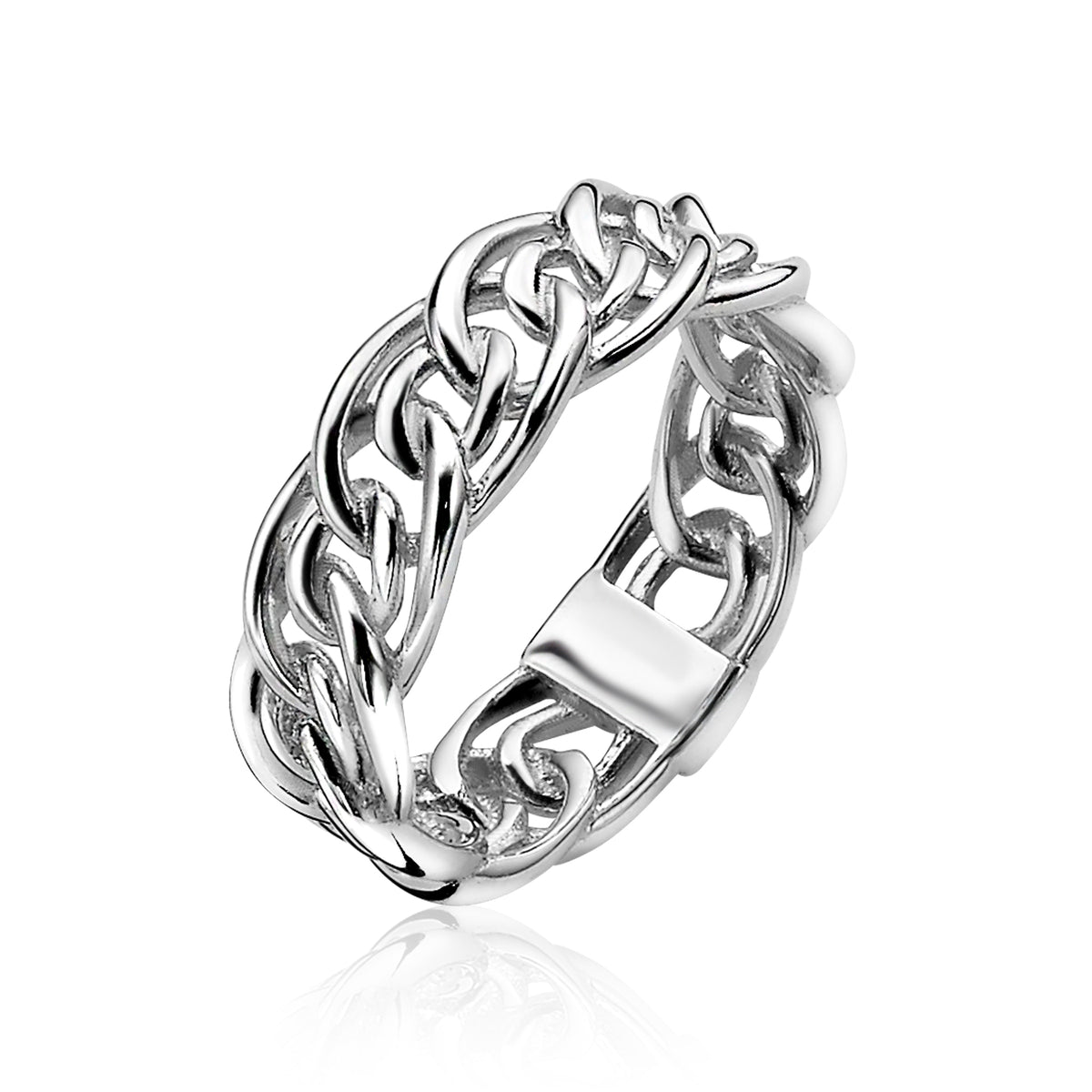 Bague en argent avec maillon en chaîne, finition brillante et design entrelacé.