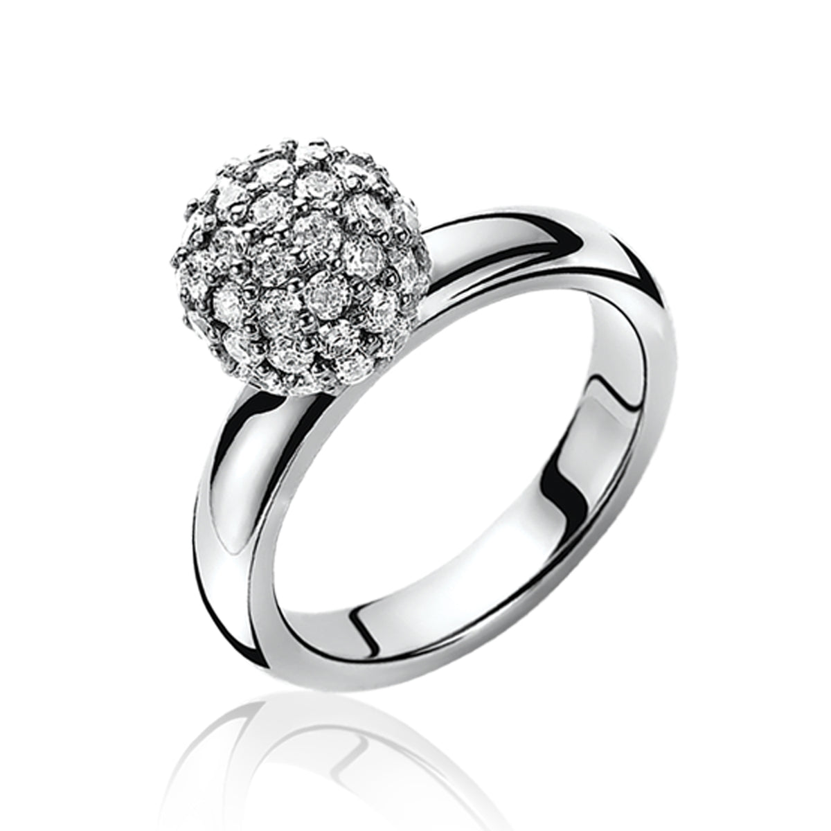 Bague en argent avec un motif sphérique orné de zirconiums brillants.
