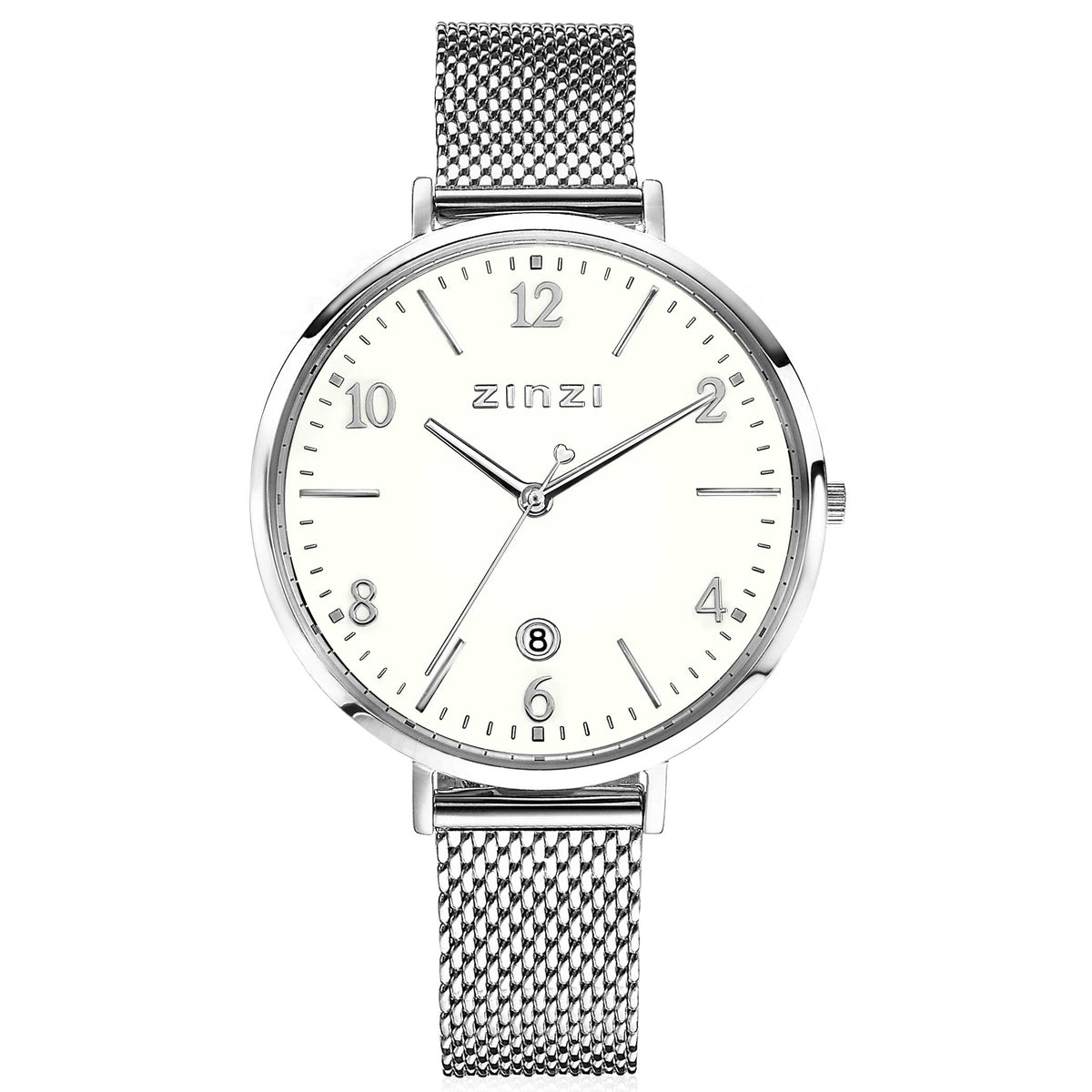 Montre en acier argenté avec un cadran blanc, chiffres en relief et bracelet en maille.