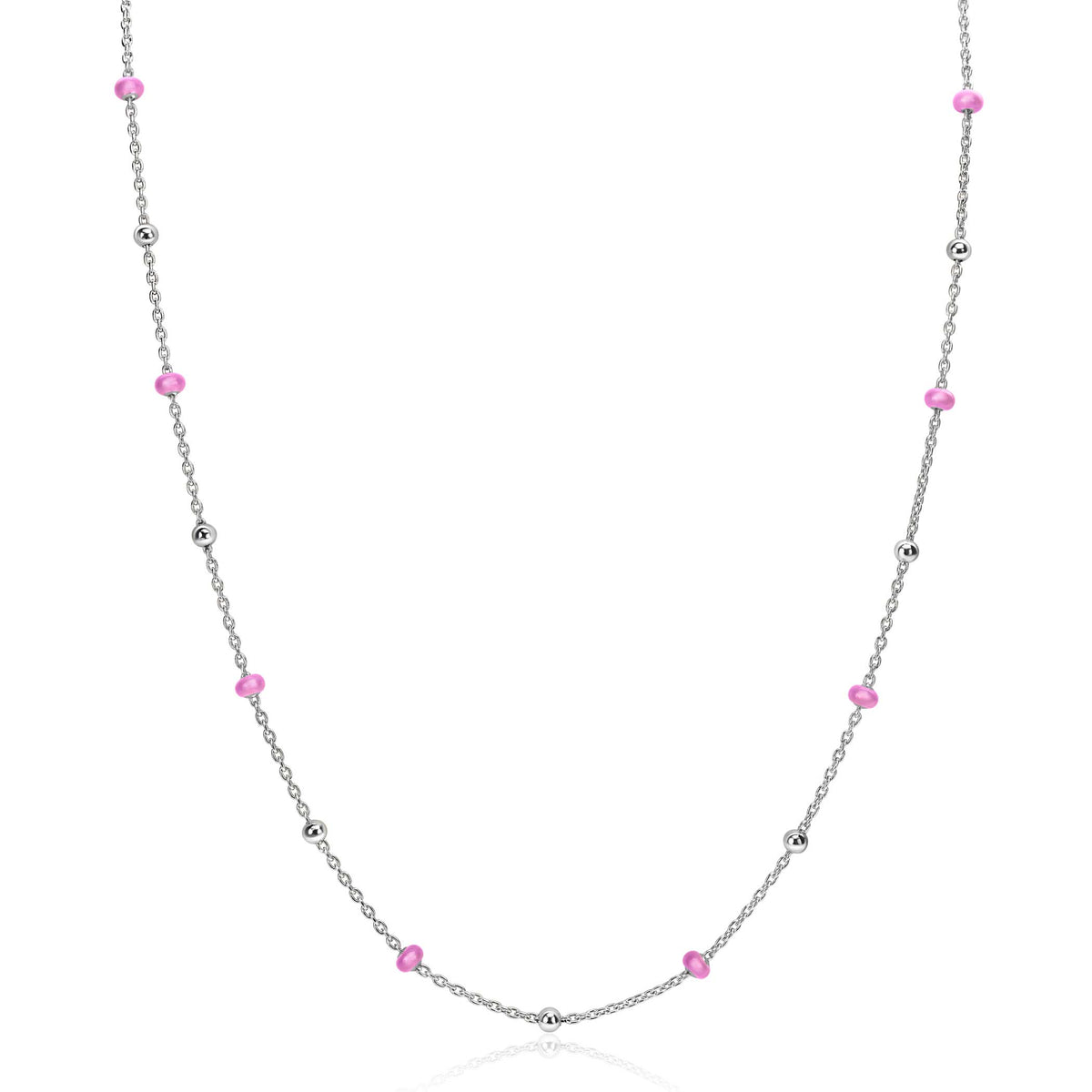 Collier en argent avec des perles roses et des billes argentées, de forme délicate.