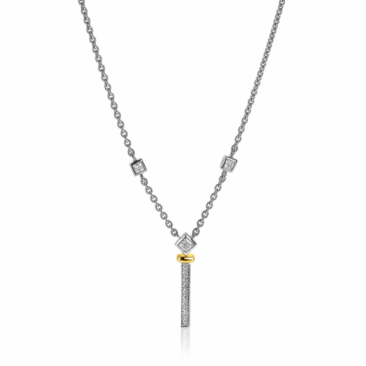 Collier en argent avec des éléments en or et un pendentif en forme de barre serti de pierres.