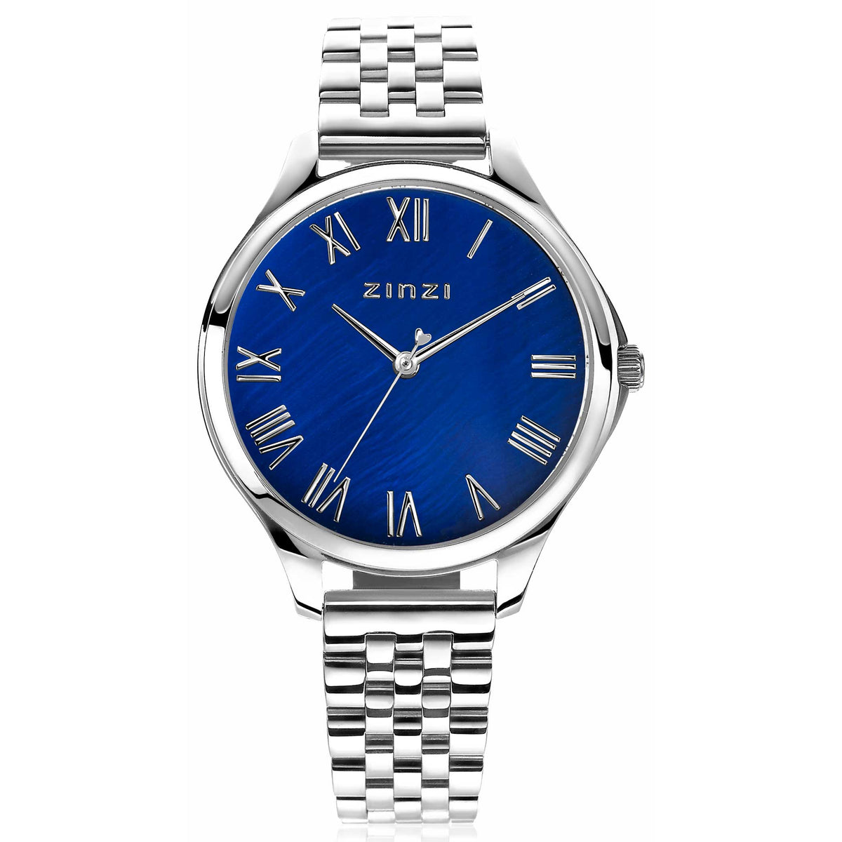 Montre en acier argenté avec un cadran bleu et des chiffres romains.