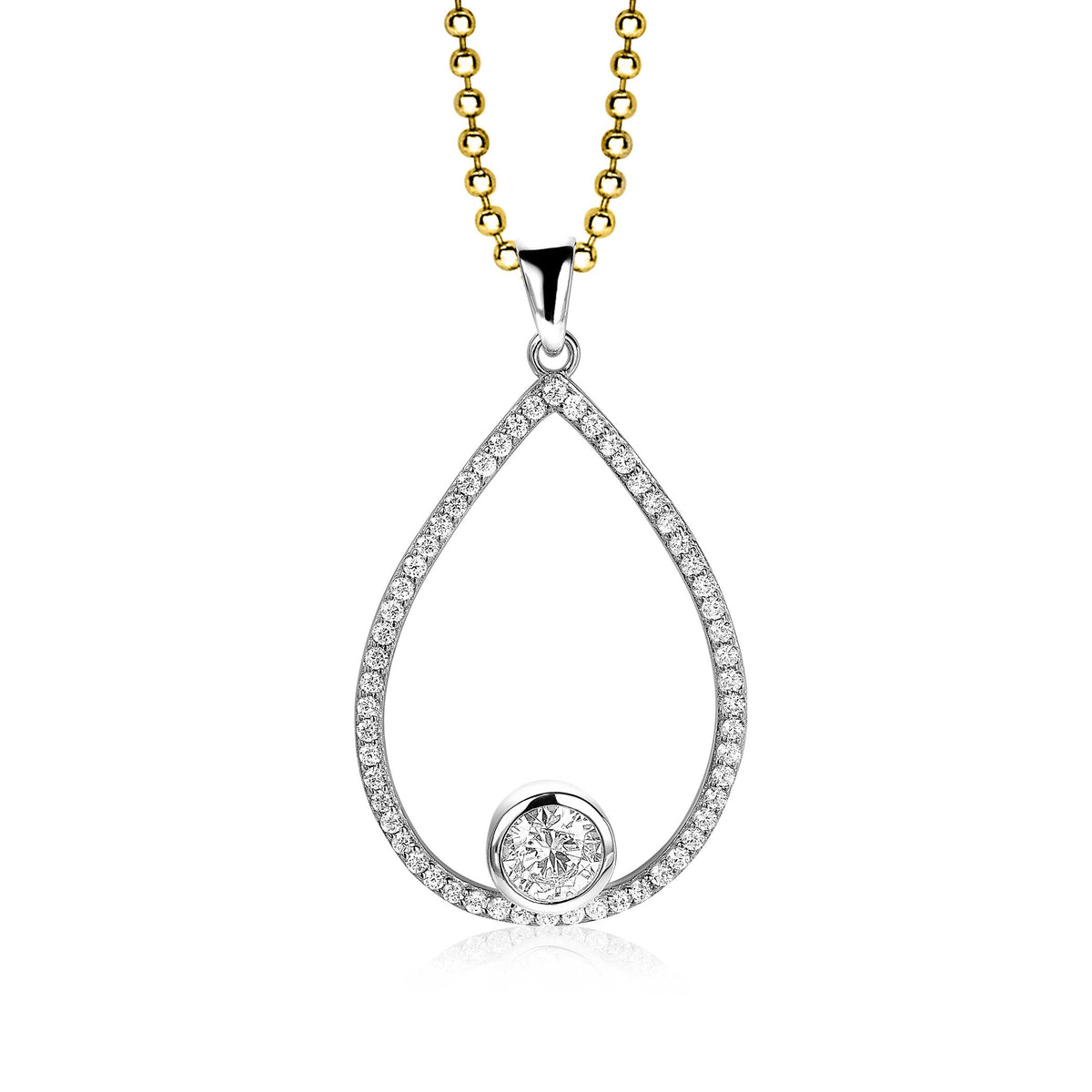 Pendentif en argent en forme de goutte avec un diamant au centre, suspendu à une chaîne dorée.