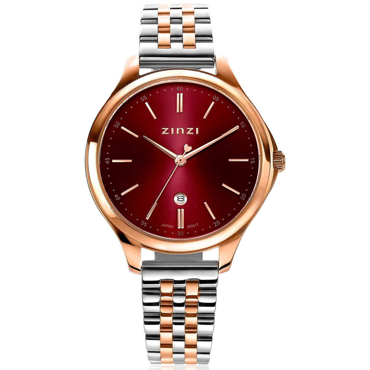 Montre en acier inoxydable avec bracelet bicolore argenté et rosé, cadran rouge et index dorés.