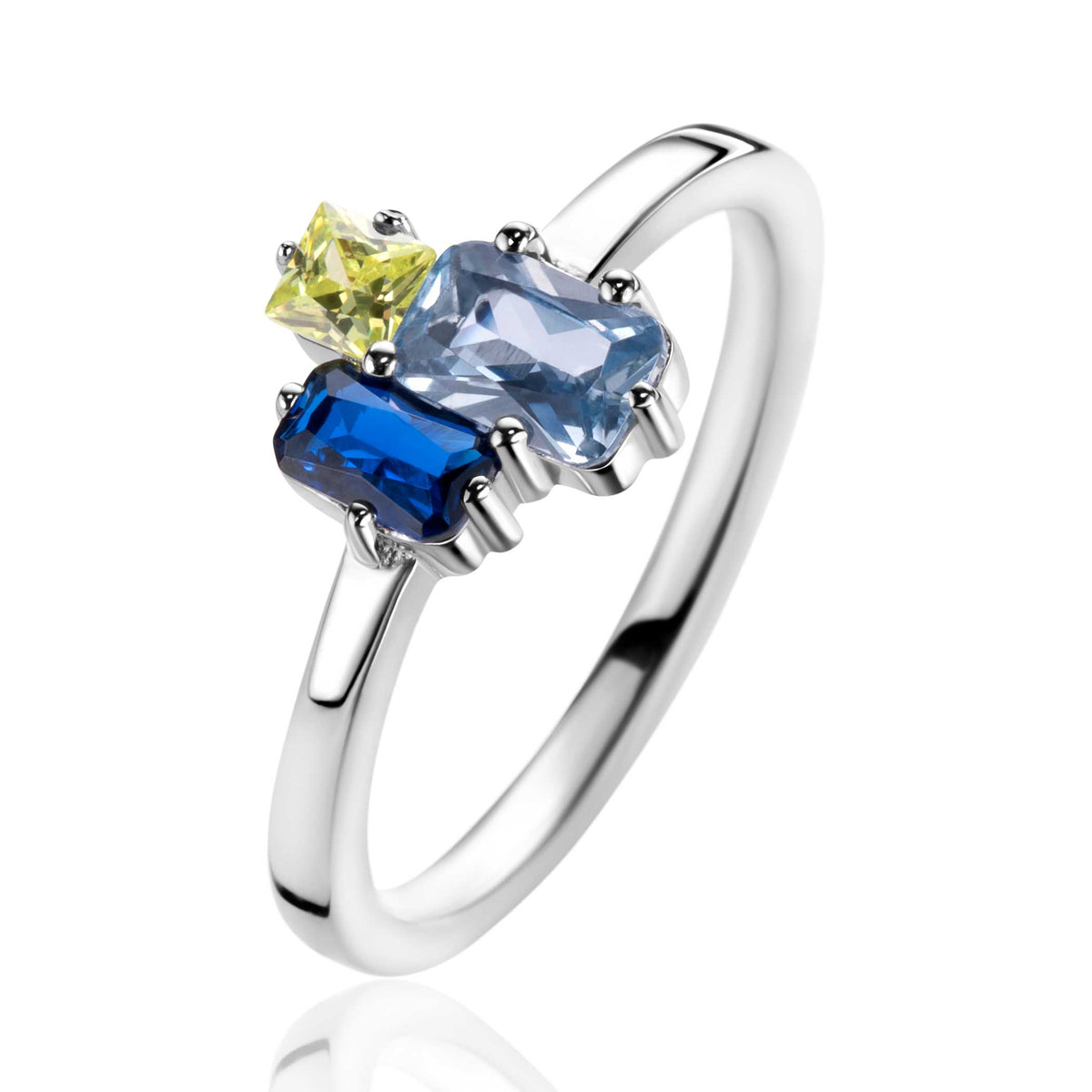 Bague en argent avec trois pierres précieuses rectangulaires, bleu, bleu clair et jaune.