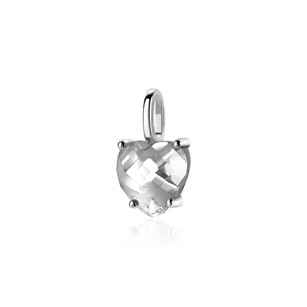 pendentif en argent en forme de cœur avec une pierre transparente facettée.