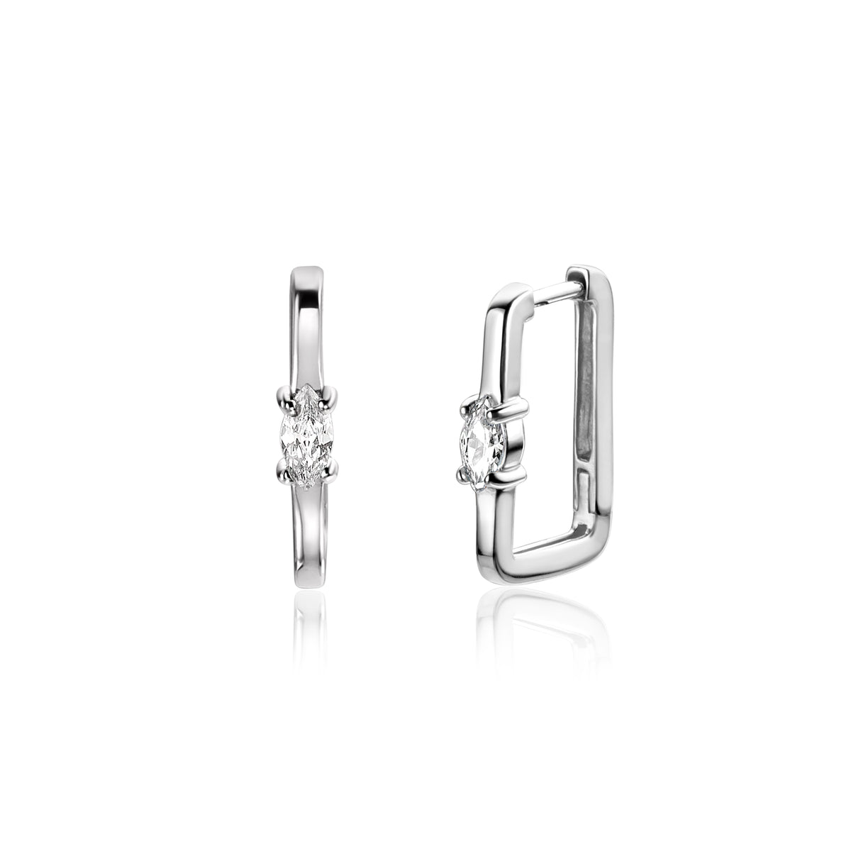 Boucles d'oreilles en argent avec un design rectangulaire et un zircon central.