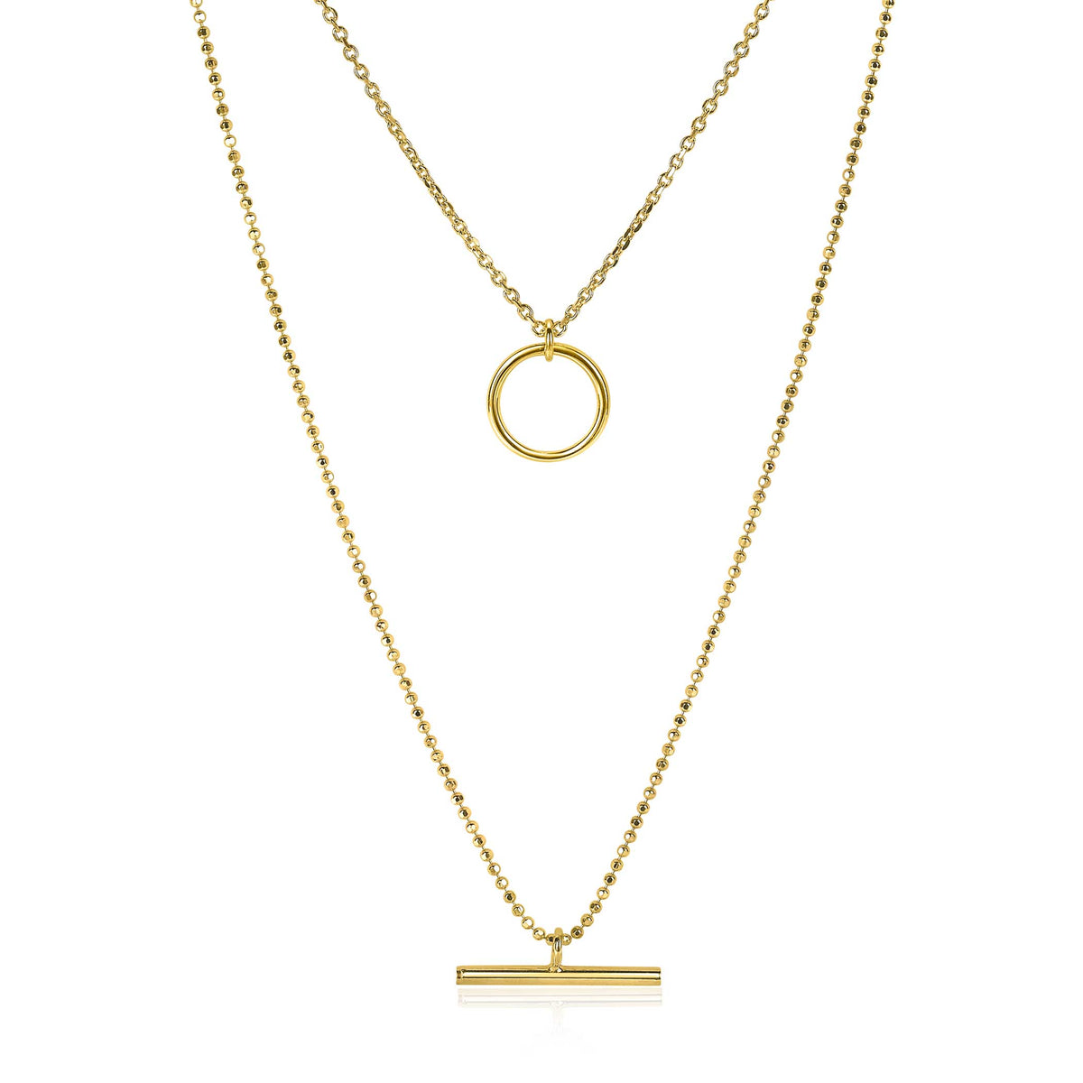 Collier doré à deux chaînes, l'une avec un cercle et l'autre avec une barre.
