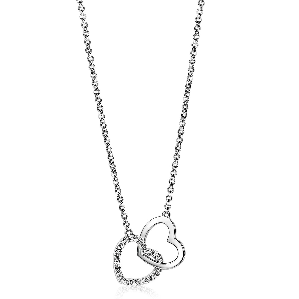 Collier en argent avec deux cœurs entrelacés, l'un serti de pierres brillantes.